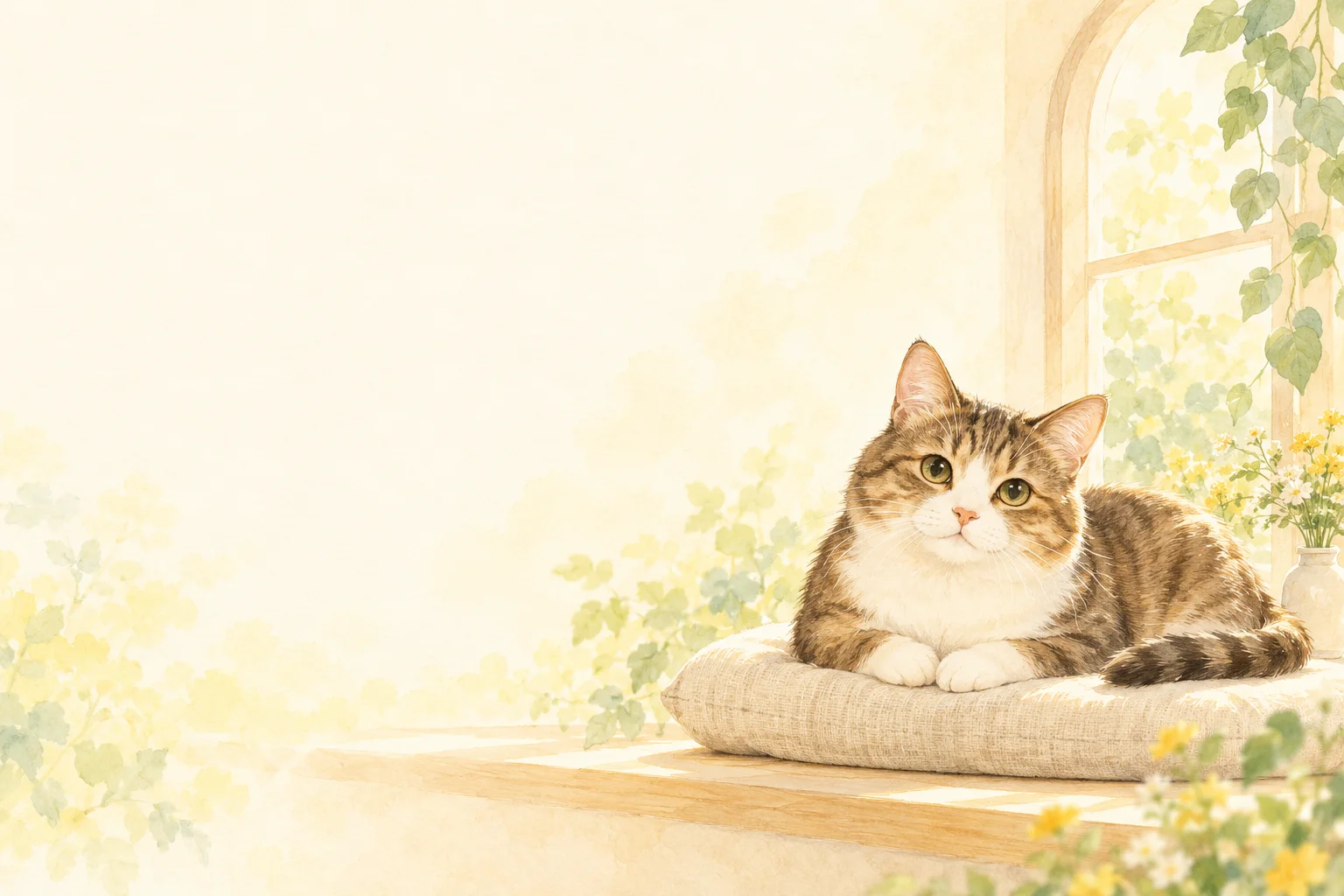あたたかな窓辺でくつろぐ猫を描いた、やさしい水彩タッチのイラスト